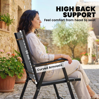 Outsunny Folding Garden Chairs Set of 2, Foldable Garden Dining Chairs with High Back, Armrests, Texteline Seat, Light Grey