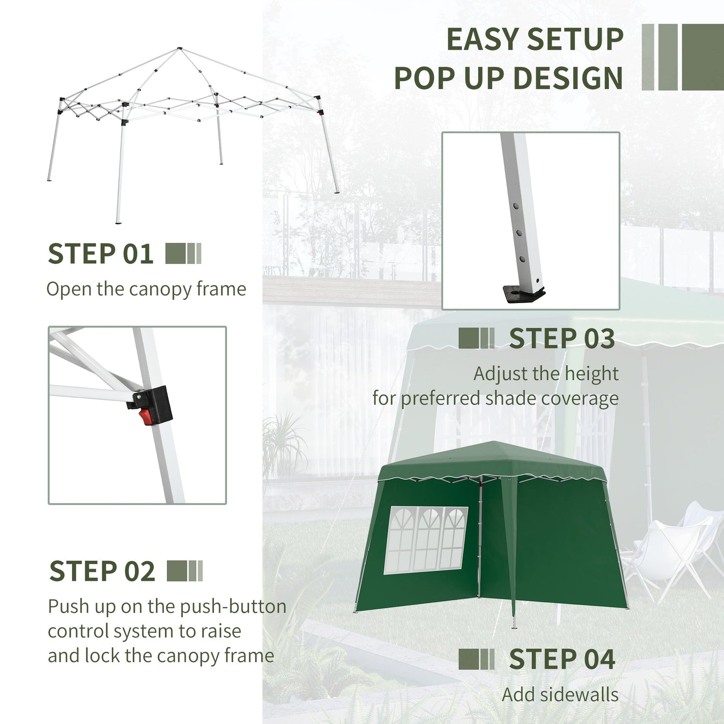 Outsunny Pop Up Gazebo with 2 Sides, Slant Legs and Carry Bag, Height Adjustable UV50+ Party Tent Event Shelter for Garden, Patio, Green