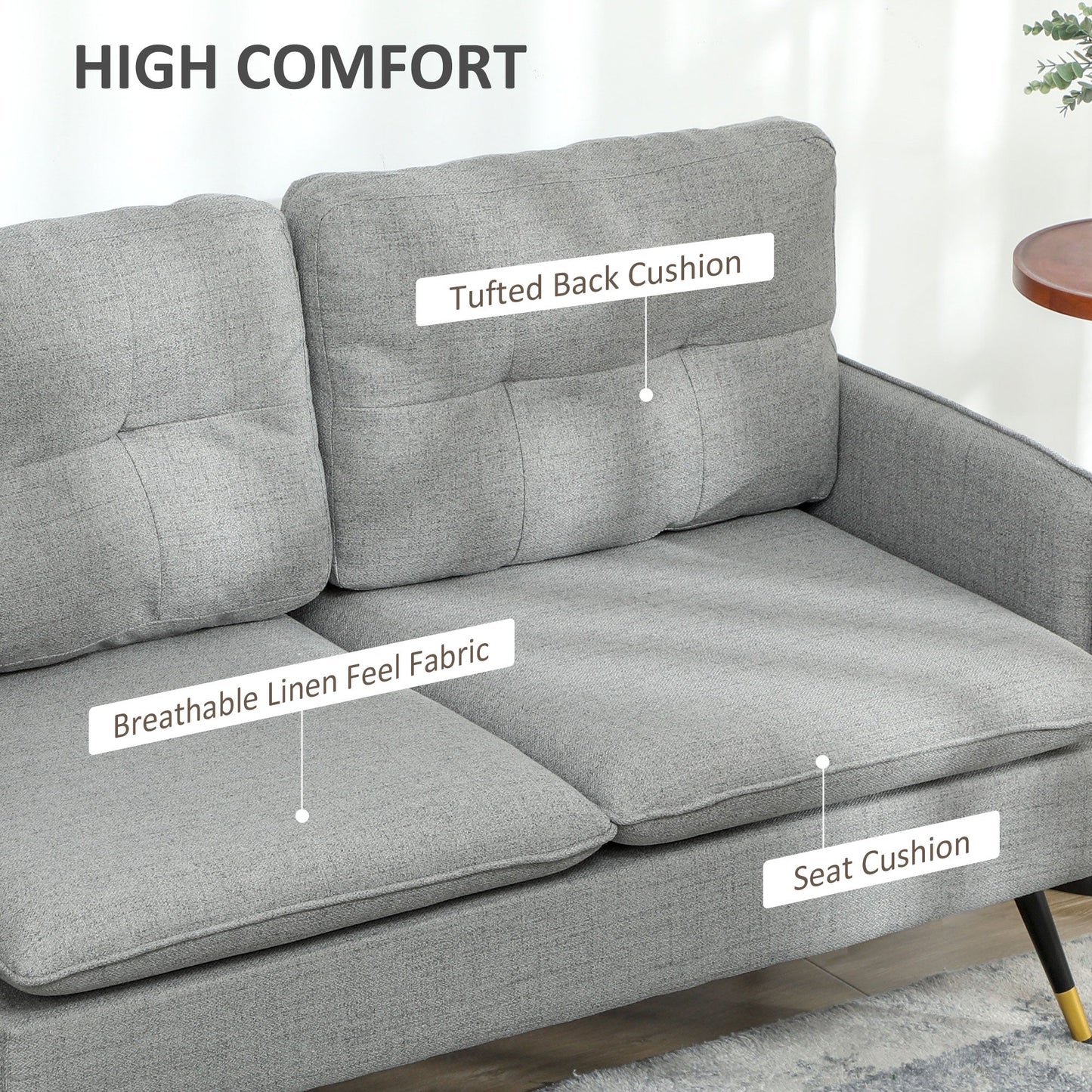 HOMCOM Nowoczesna dwuosobowa sofa, pikowana w guziki, z poduszkami i stalowymi nogami do salonu, pokoju gościnnego, szara
