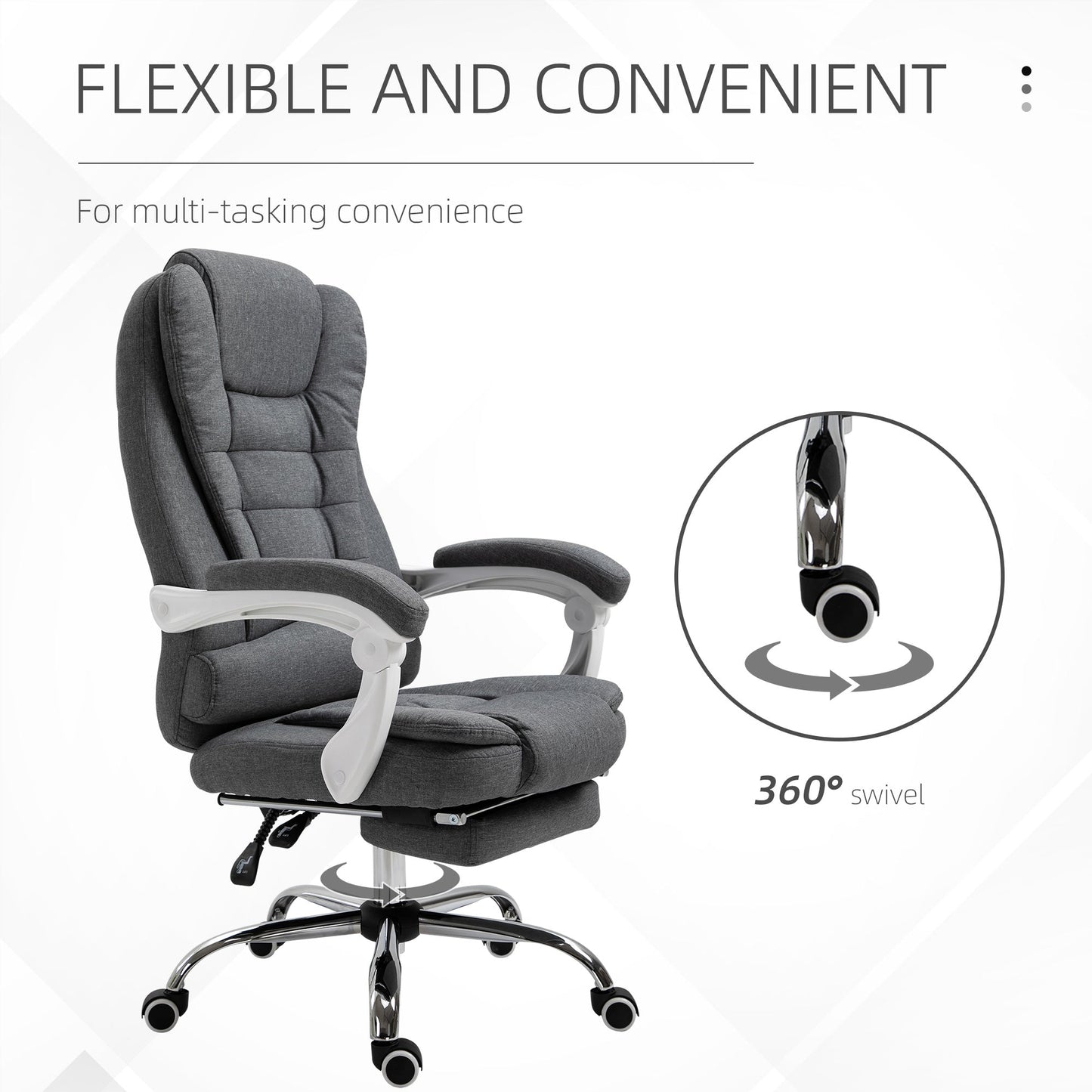 Vinsetto Office Chair, Computer Desk Chair, Linen Fabric Swivel Rolling Task Chair with Large Soft Padded Cushion, 135¡ Reclining Backrest and Retractable Footrest, Grey