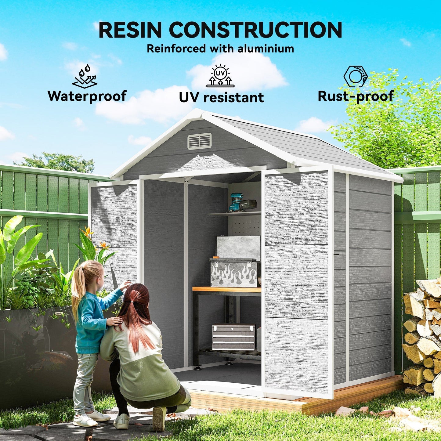 Outsunny 6 x 5ft Garden Shed, Plastic Shed with Floor, Window, Lockable Doors and Vents, Wood Effect Resin Tool Shed for Outdoor Patio, Dark Grey