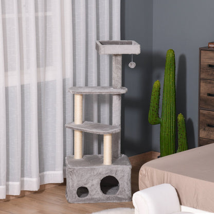 PawHut Cat Tree Kitten Tower مركز أنشطة من 4 مستويات أثاث للحيوانات الأليفة مع عمود خدش من السيزال، مجثمات قطيفة معلقة، ألعاب كروية باللون الرمادي