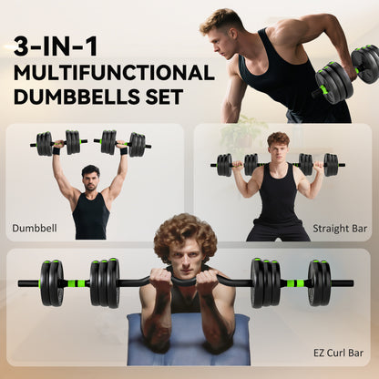SPORTNOW 25 kg 3-in-1 Adjustable Dumbbell & Barbell Set with EZ Bar, Connecting Rod and Non-Slip Grip for Home Gym, Green