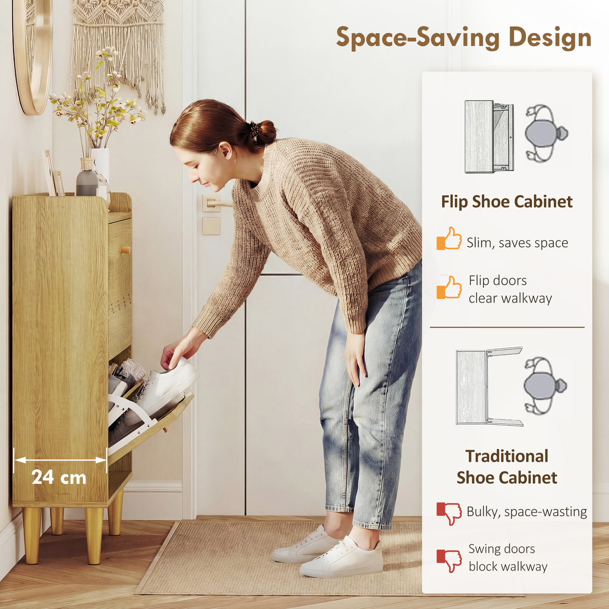 HOMCOM Narrow Shoe Cabinet, Modern Shoe Storage Cabinet with 2 Flip Drawers, Oak