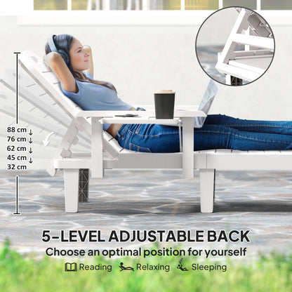 Outsunny Set of 2 Resin Reclining Sun Loungers for Garden, 5 Positions Adjustable Outdoor Chaise Lounge Chairs with Wood Texture Surface, Armrests, Foldable Side Table for Garden, Beach, White