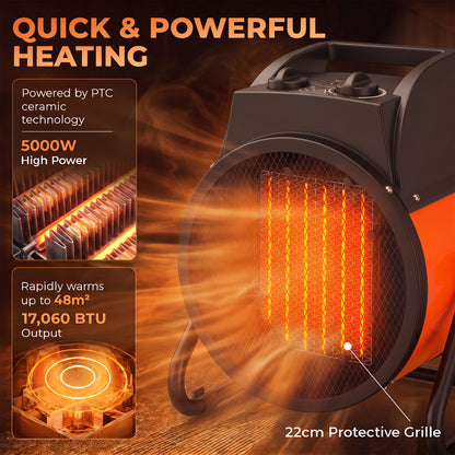 Outsunny Industrial Fan Heater 5000W with Tilting, Electric Ceramic Space Heater with Adjustable Thermostat, Handle