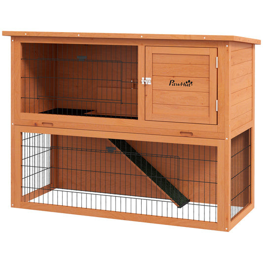 PawHut Two-Tier Antiseptic Wood Rabbit Hutch, 92cm Guinea Pig Hutch with Run - Orange