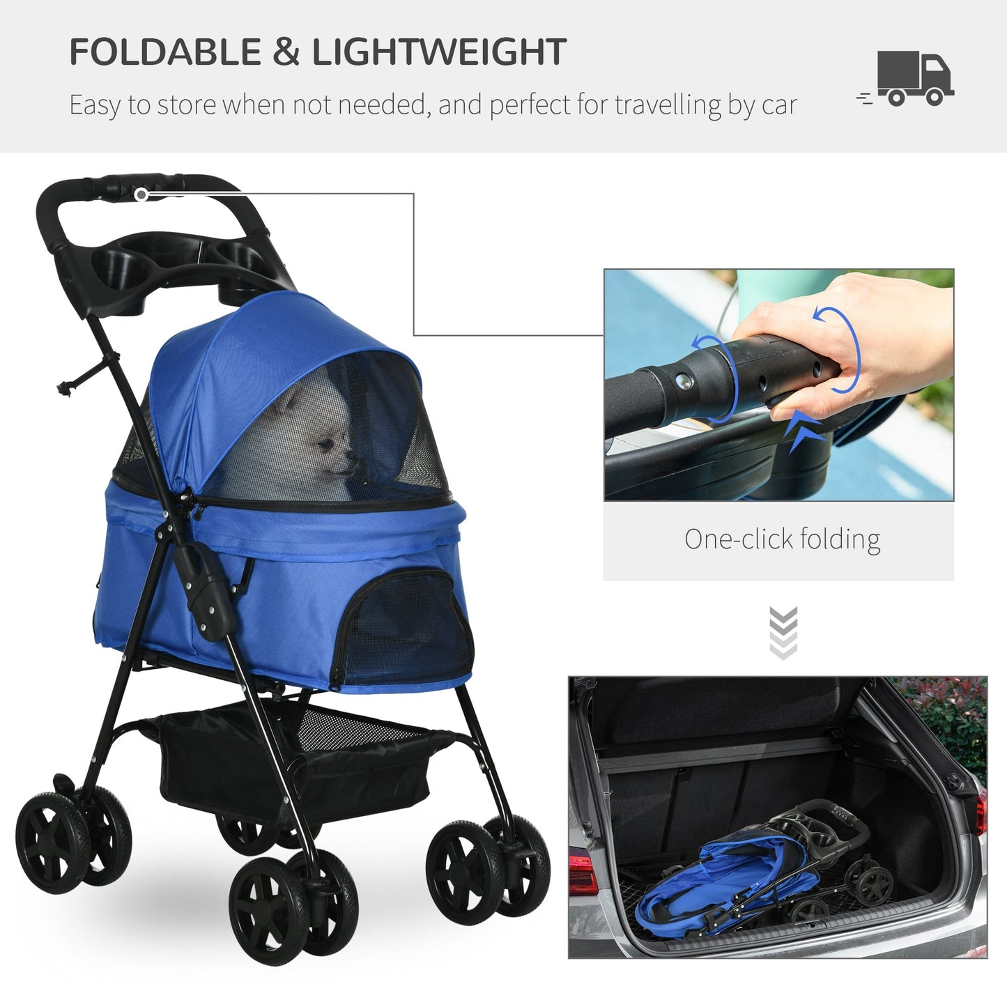 PawHut Pet Stroller Dog Cat Travel Pram Pushchair One-Click Fold Trolley Jogger with EVA Wheels Brake Basket Adjustable Canopy Safety Leash Blue