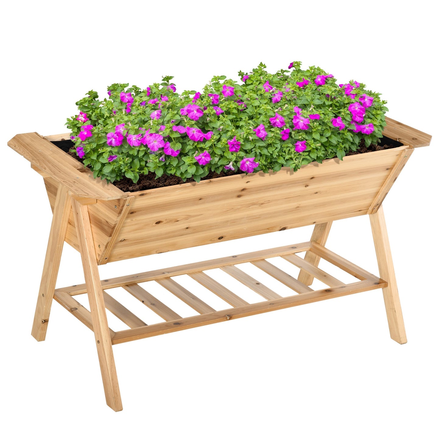 Outsunny Free Standing Wooden Planter Garden Raised Bed Planter Box Outdoor Patio with Storage Shelf Plates