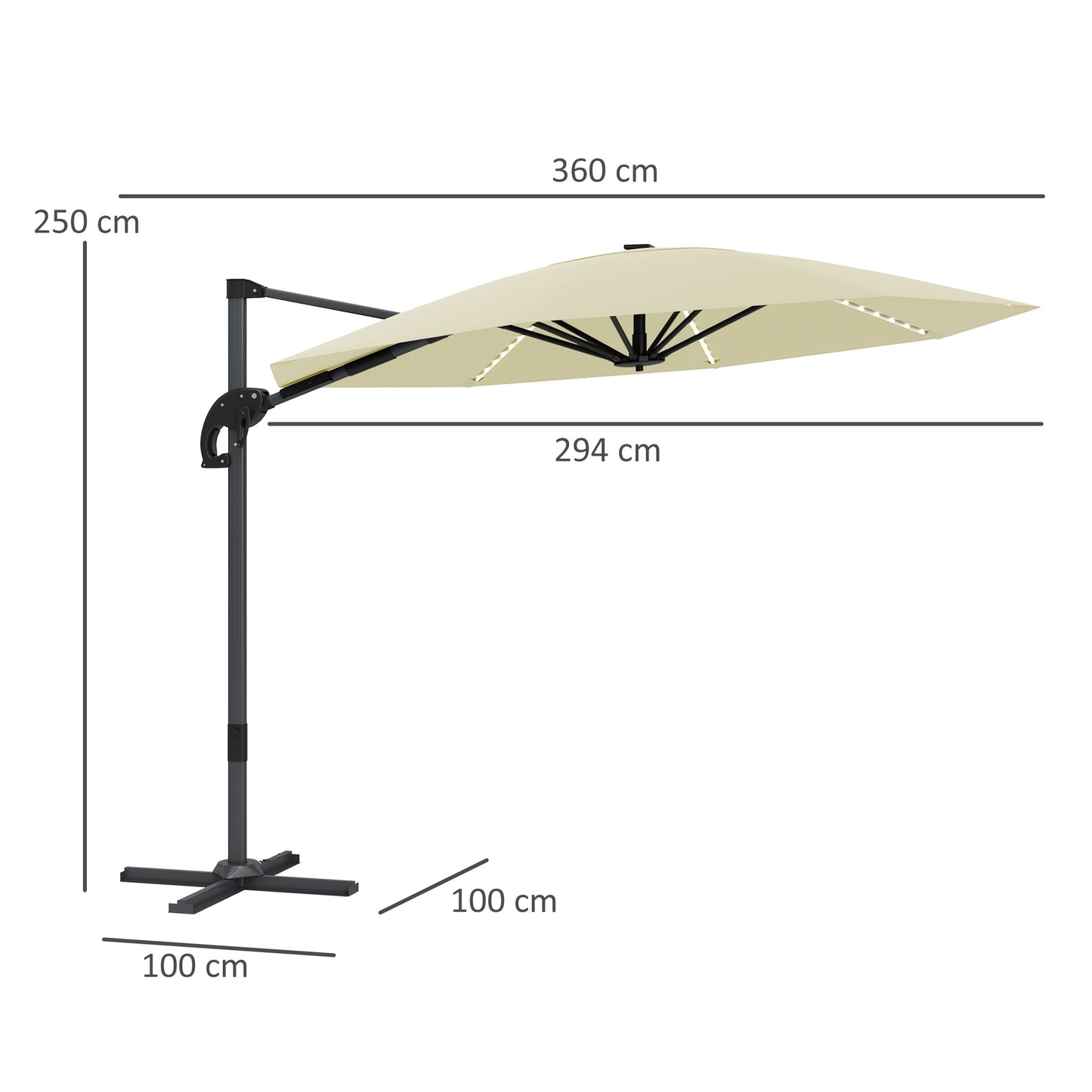 Outsunny 3(m) Cantilever Garden Parasol with Solar Powered Lights, Crank Handle & Cross Base, UPF 50+, 360√Ç¬∞ Rotation, Cream