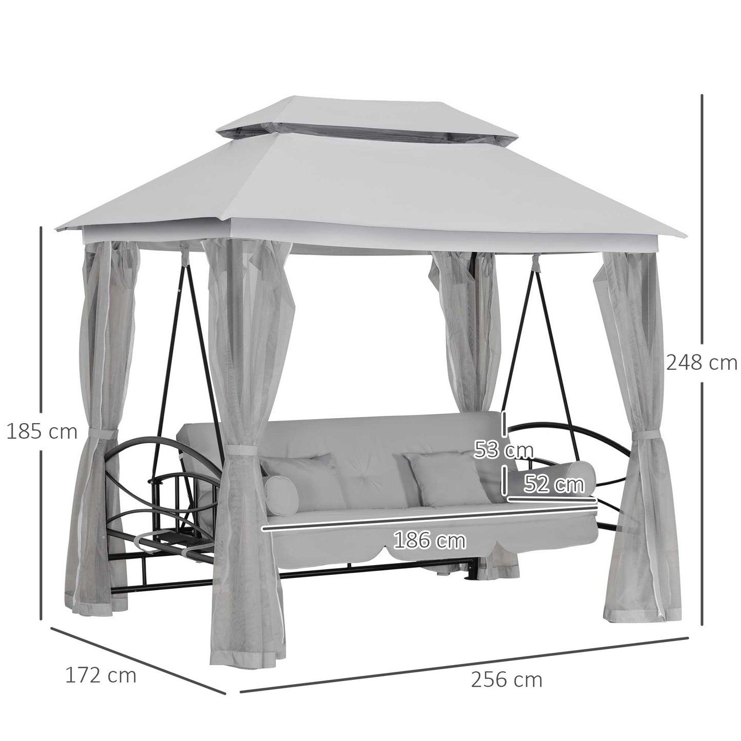 Outsunny 3 Seater Convertible Swing Chair, Outdoor Gazebo Swing Seat Bed with Double Tier Canopy, Cushioned Seat, Mesh Sidewalls, Light Grey