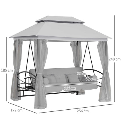 Outsunny 3 Seater Convertible Swing Chair, Outdoor Gazebo Swing Seat Bed with Double Tier Canopy, Cushioned Seat, Mesh Sidewalls, Light Grey