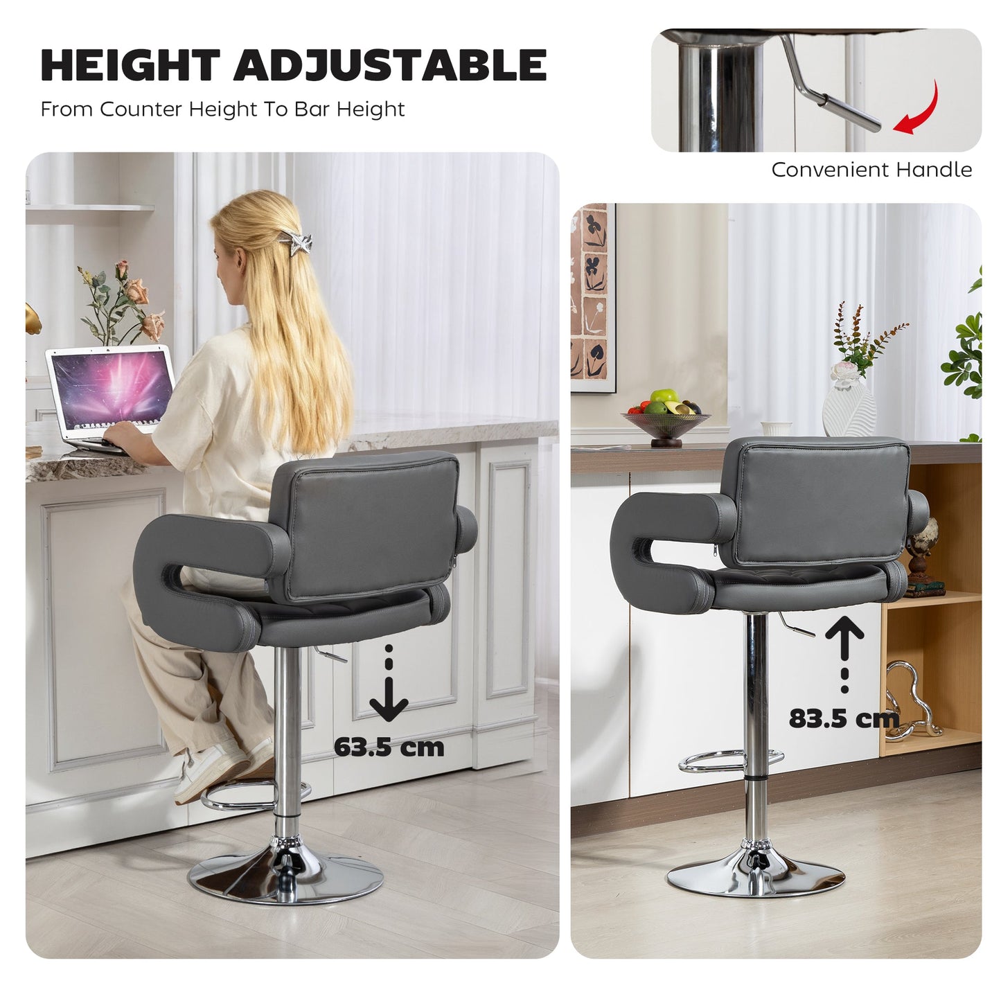 HOMCOM PU Leather Upholstered Swivel Bar Stool, Height Adjustable with Back, Armrest, Footrest, Grey