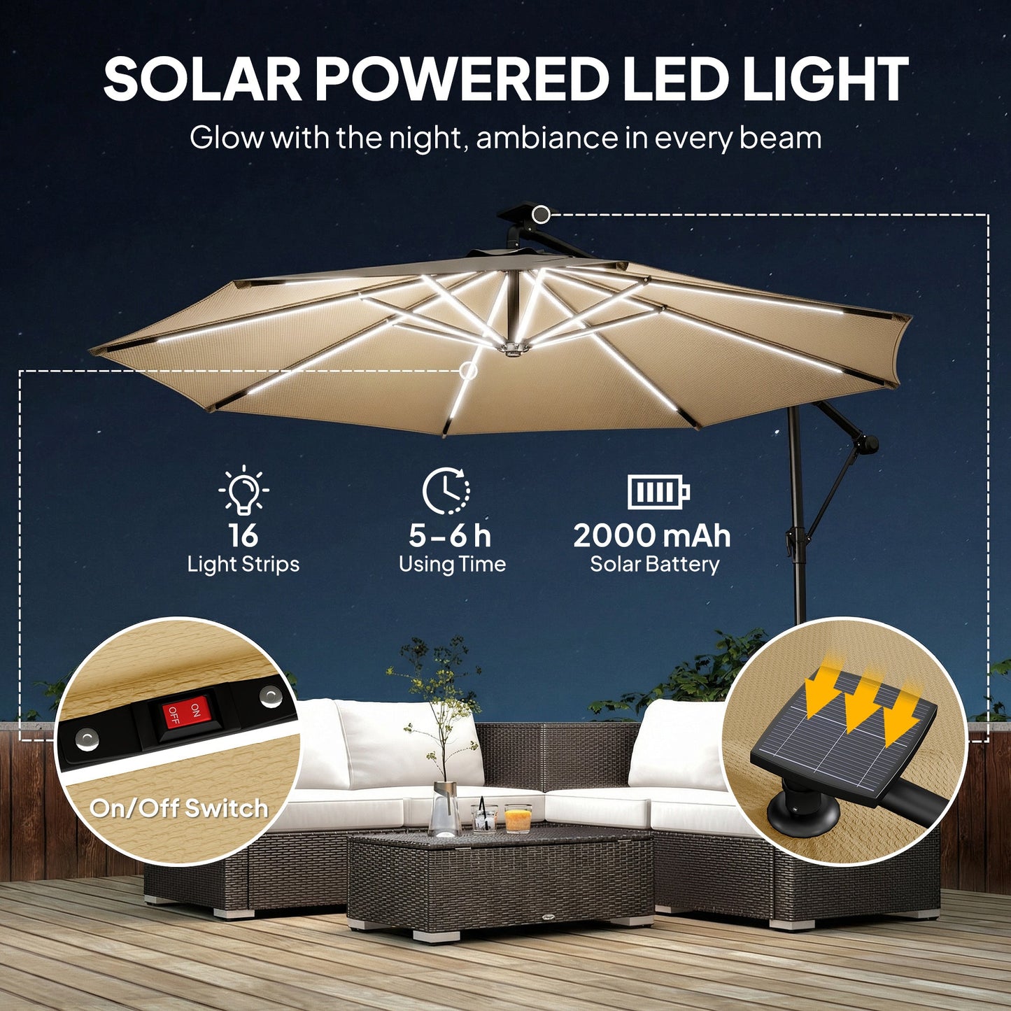 Outsunny 3 m Garden Cantilever Parasol with LED Solar Light, Round Overhanging Umbrella with 360 degrees Rotation, Cover, Khaki