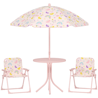AIYAPLAY 4-Piece Kids Garden Table and Chair Set with Adjustable Parasol, Folding Chairs, Table, Rainbow Pattern, Pink