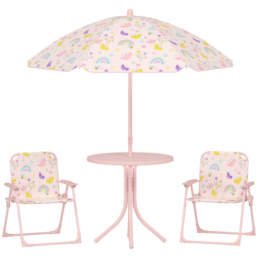 AIYAPLAY 4-Piece Kids Garden Table and Chair Set with Adjustable Parasol, Folding Chairs, Table, Rainbow Pattern, Pink