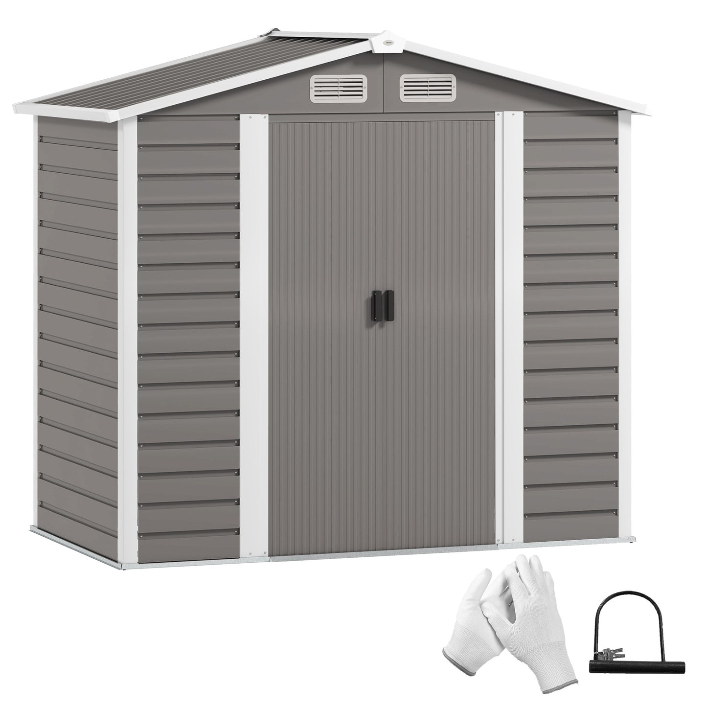 Outsunny 7 x 4ft Garden Shed, łatwy w montażu, ulepszona ocynkowana stalowa rama z zestawem fundamentowym, podwójne drzwi z zamkiem, metalowa szopa zewnętrzna z otworami wentylacyjnymi i rękawicami, ogrodowa szopa magazynowa, jasnoszary