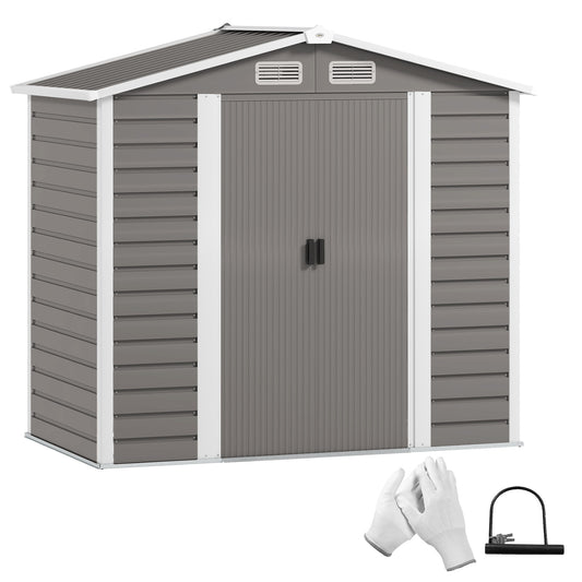 Outsunny 7 x 4ft Garden Shed, łatwy w montażu, ulepszona ocynkowana stalowa rama z zestawem fundamentowym, podwójne drzwi z zamkiem, metalowa szopa zewnętrzna z otworami wentylacyjnymi i rękawicami, ogrodowa szopa magazynowa, jasnoszary