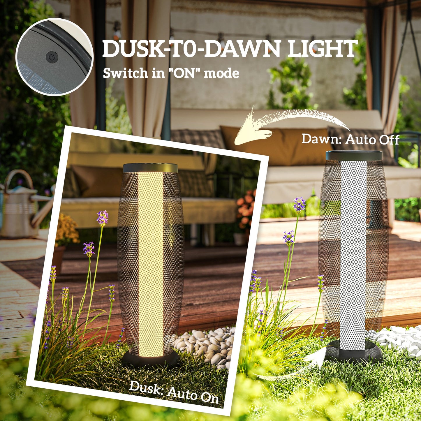 Lampa ogrodowa Outsunny Solar, 71,5 cm wysokości, metalowa lampa podłogowa, automatyczne włączanie/wyłączanie, lampa ogrodowa LED Solar z kloszem z metalowego drutu, IP44 do użytku na zewnątrz, na ganku, ścieżce, tarasie, w kolorze czarnym