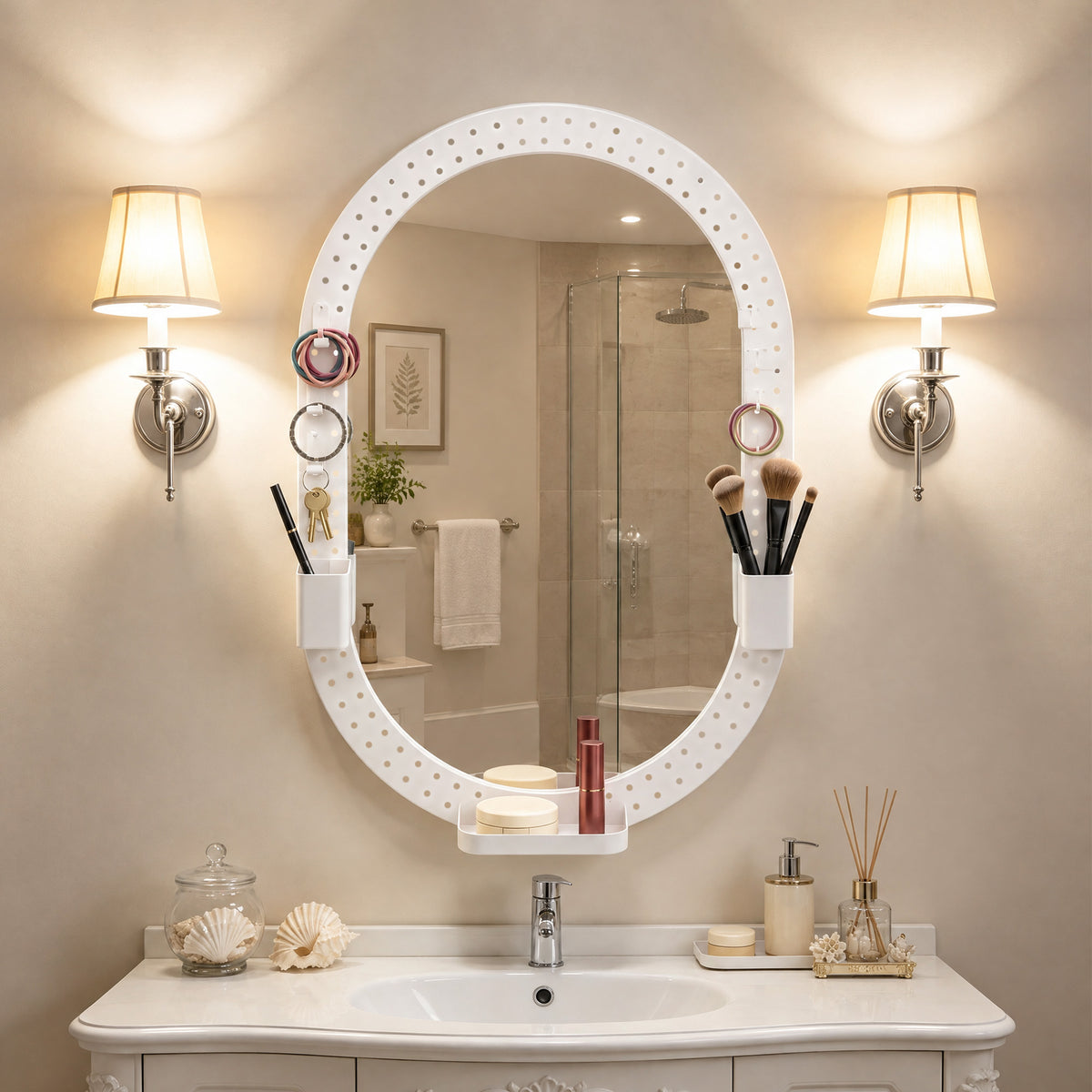 HOMCOM Oval Wall Mirror, 60 x 90 cm Decorative Hanging Mirror with Pegboard Frame, Wall-Mounted, White