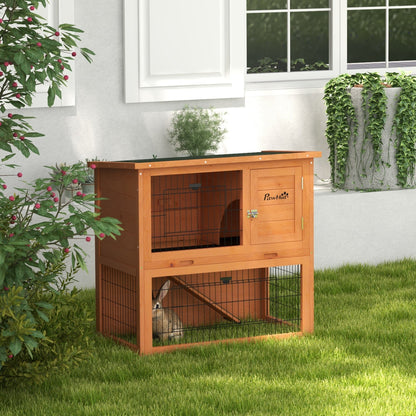 PawHut Two-Tier Antiseptic Wood Rabbit Hutch, 80cm Guinea Pig Hutch with Run - Orange