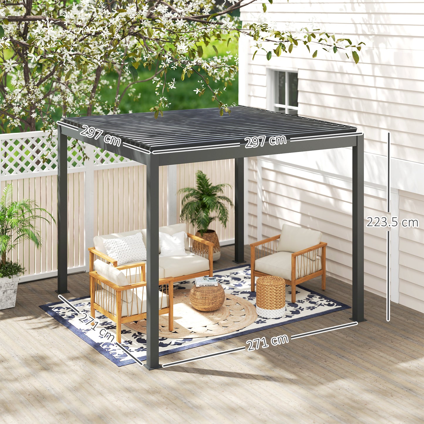Outsunny 3 x 3(m) Elektryczna pergola żaluzjowa z oświetleniem LED, aluminiowa pergola z twardym dachem i pilotem, regulowany dach i system odwodnienia, wodoodporna i odporna na promieniowanie UV