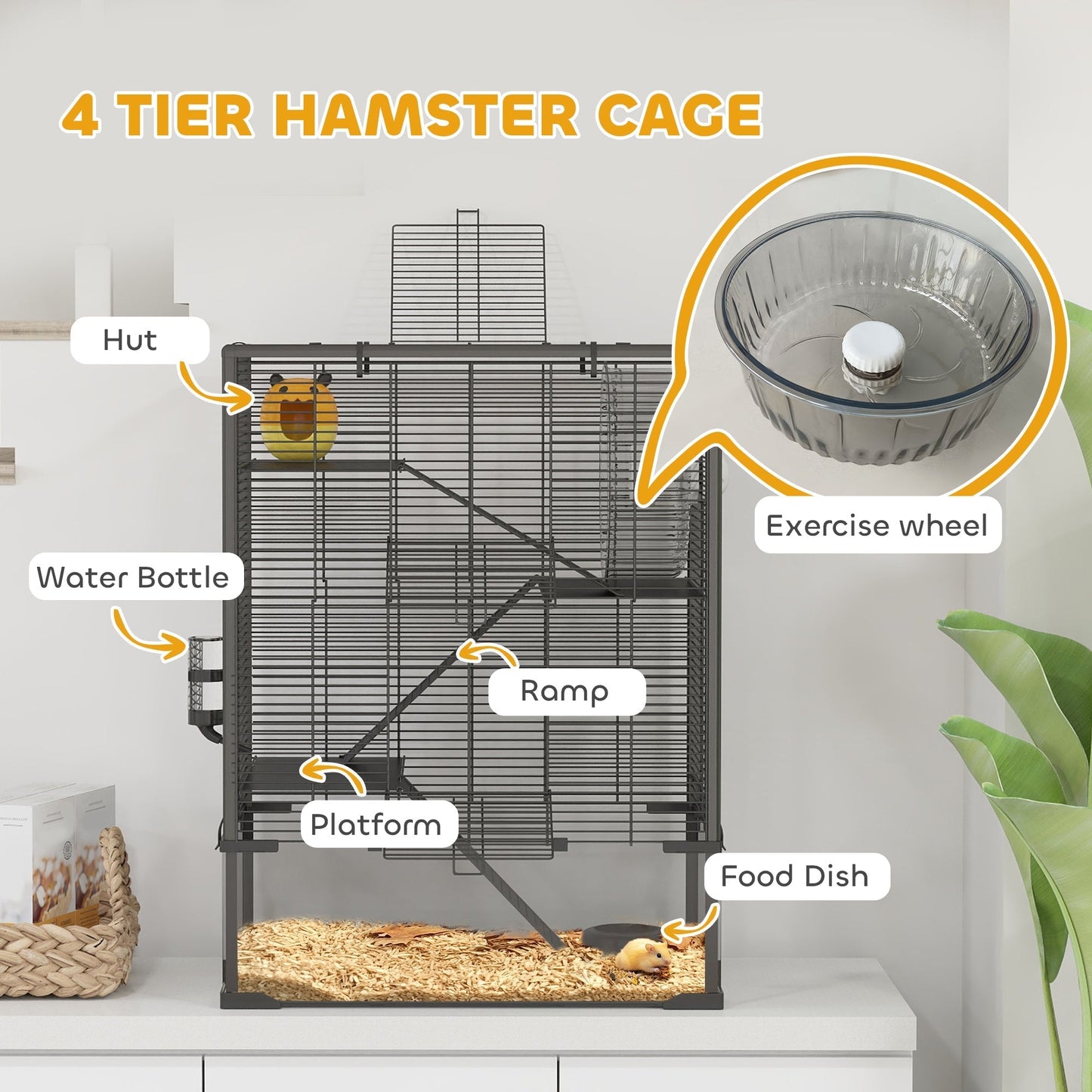 PawHut Four-Tier Hamster Cage with Deep Tempered Glass Bottom, Hut, Running Wheel, Food Dish, Water Bottle, 60 x 40 x 80cm