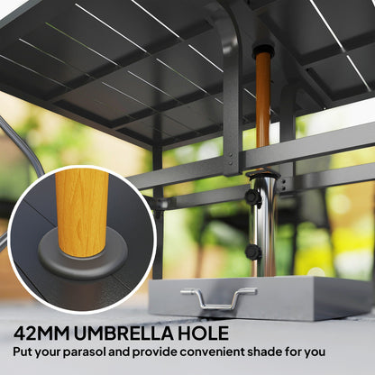 Outsunny Rectangle Garden Dining Table with Parasol Hole, Patio Table with Steel Frame and Slat Tabletop, 150cm x 90cm, Black