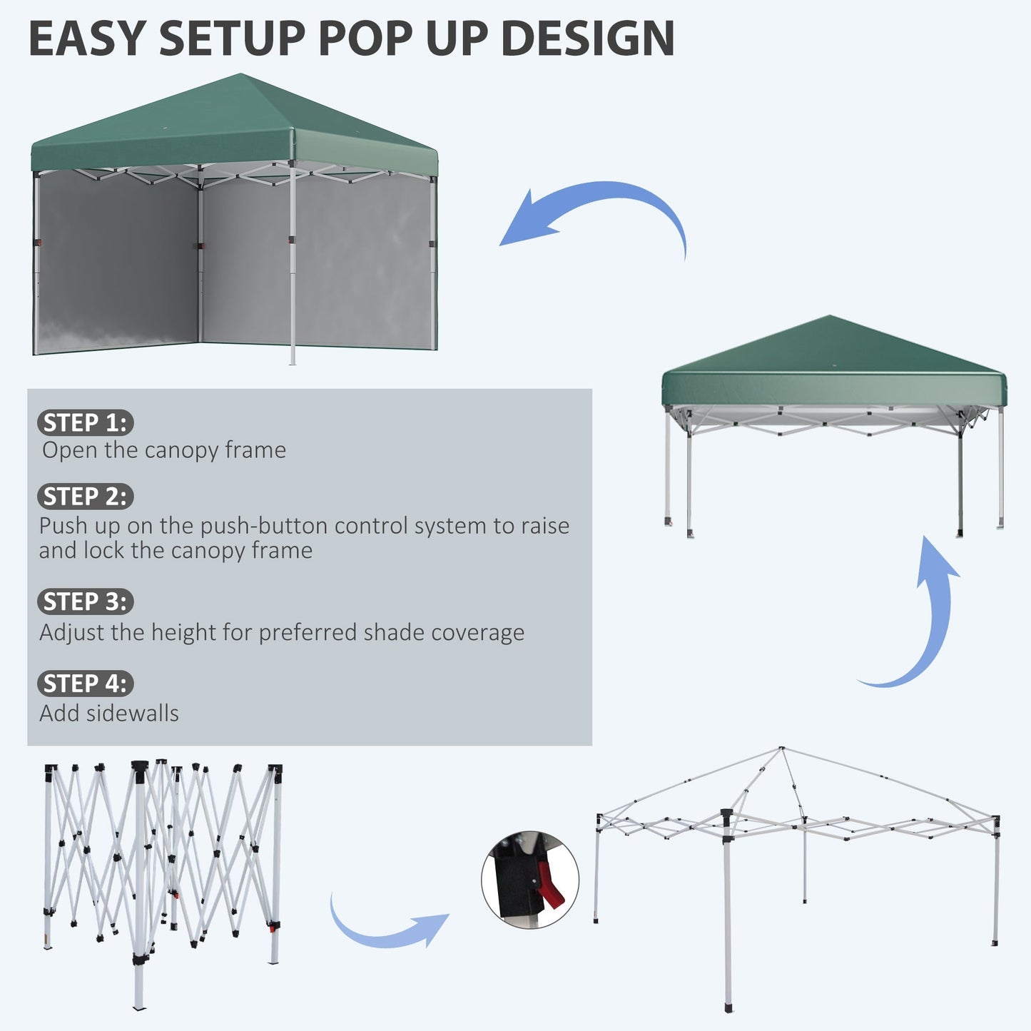 Outsunny 3 x 3 (M) Pop Up Gazebo, UPF 30+ with 2 Sidewalls, Leg Weight Bags and Wheeled Bag, Height Adjustable Party Tent Event Shelter for Garden, Patio, Green