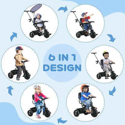 6 in 1 Tricycle for Kids with 5-point harness straps, Removable Canopy, Dark Blue