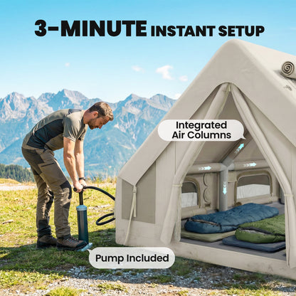 Outsunny Inflatable Camping Tent, 4 Season Hot Tent 10000mm Waterproof with Chimney Opening, Sky Light and Air Pump, Khaki