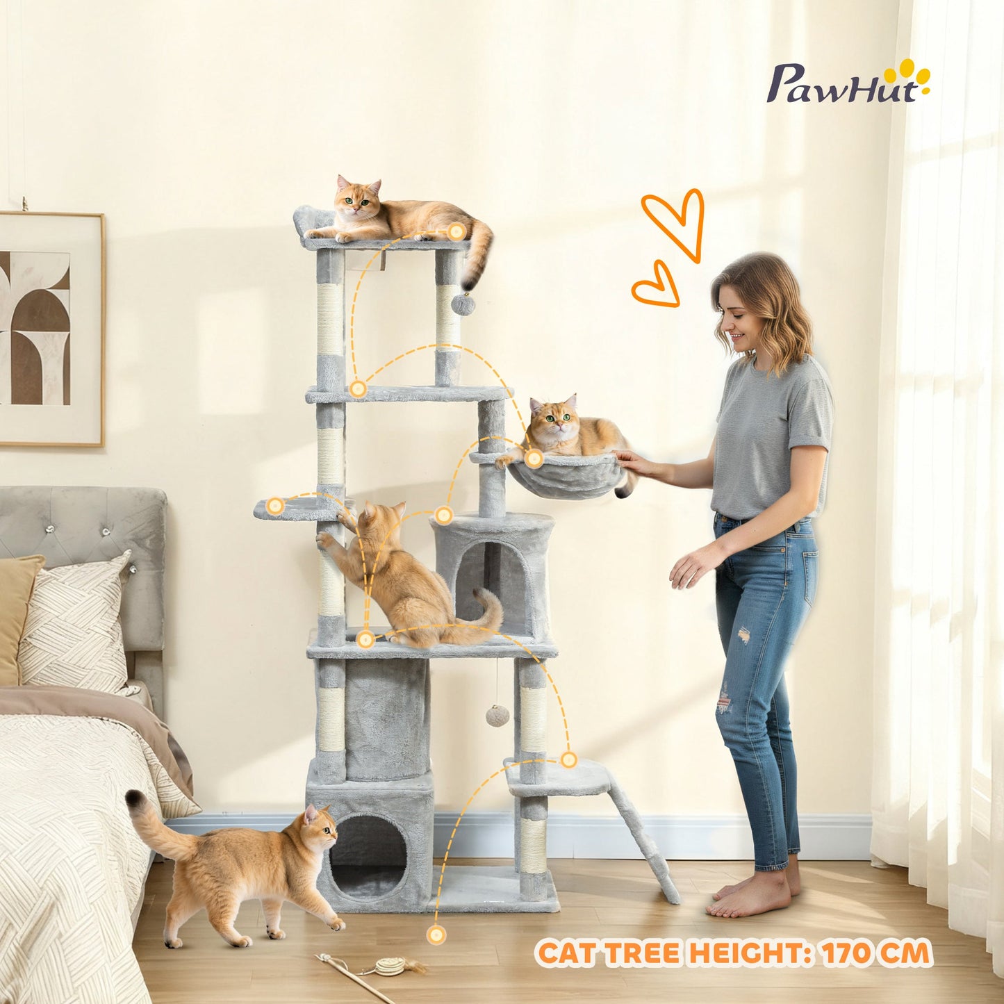PawHut 170 cm Large Cat Tree, Cat Tower with 7 Scratching Posts, 2 Condos, Hammock, Light Grey