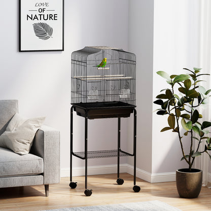 PawHut Bird Cage Budgie Cages for Finch Canary Parakeet with Stand Wheels Slide-out Tray Accessories Storage Shelf, Black