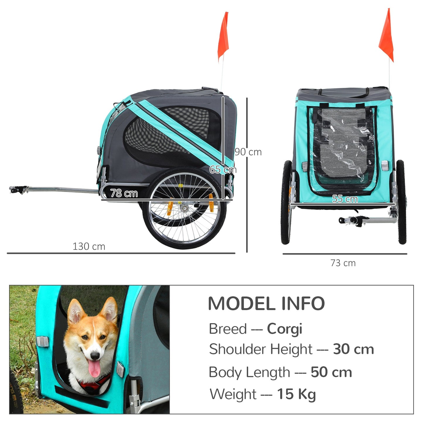 Pawhut Dog Bike Trailer للطي مقطورة الحيوانات الأليفة الكلب الناقل دراجة الإطار الصلب Jogger Stroller مع تعليق - أخضر ورمادي