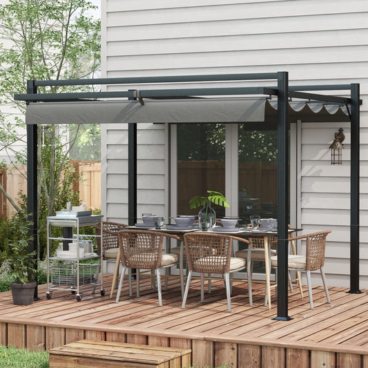 Outsunny 3 x 3(m) Retractable Pergola, Garden Gazebo Shelter with Aluminium Frame, for Grill, Patio, Deck, Dark Grey