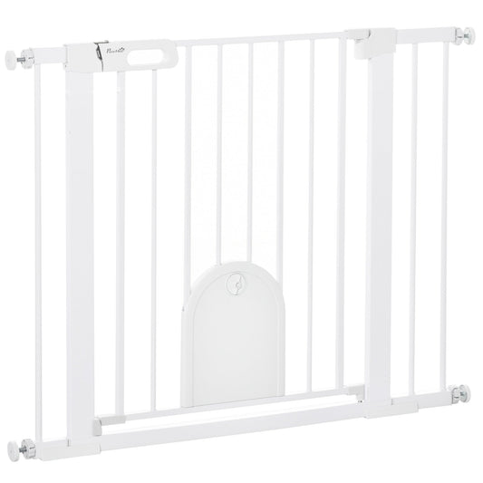 PawHut Dog Gate with Cat Flap Pet Safety Gate Barrier, Stair Pressure Fit, Auto Close, Double Locking, for Doorways, Hallways, 75-103 cm White