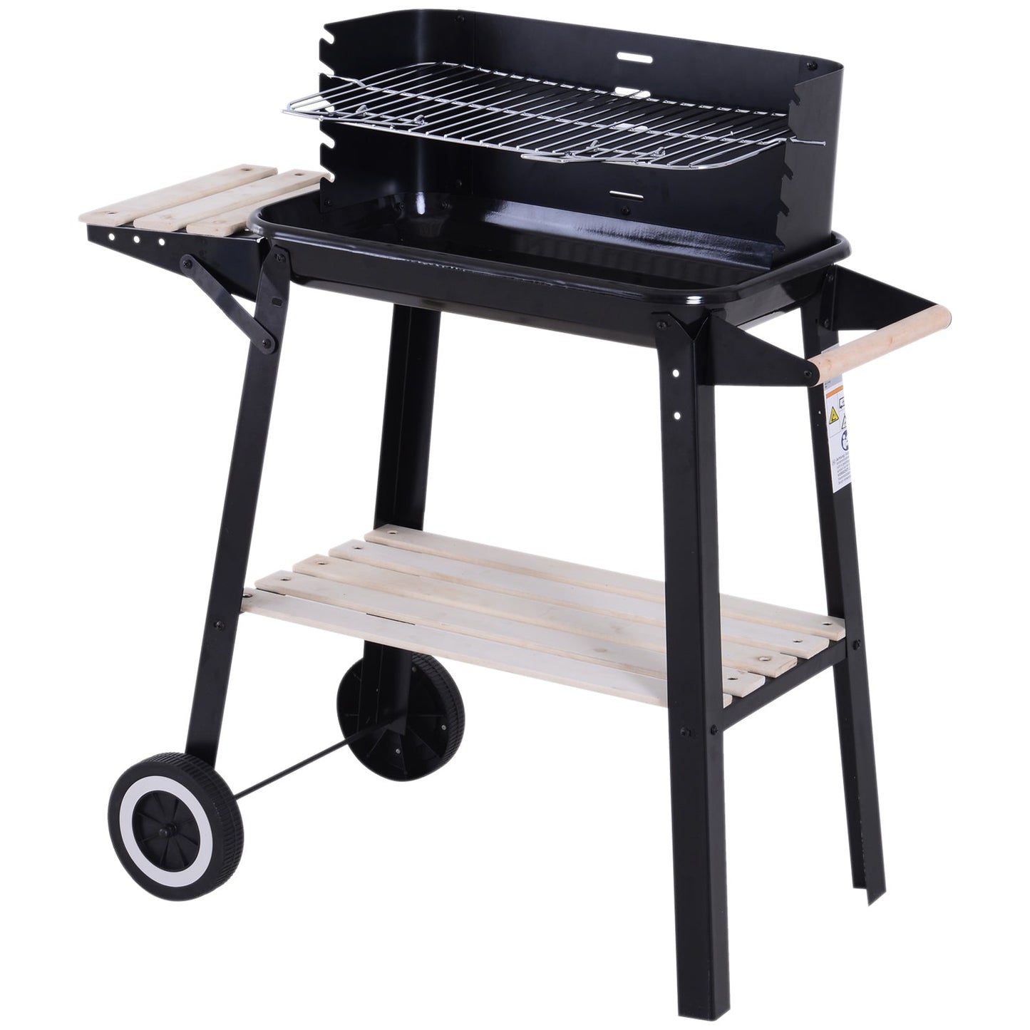 Outsunny BBQ Grill Trolley Charcoal BBQ Barbecue Grill Outdoor Patio Garden Heating Smoker with Side Trays Storage Shelf and Wheels