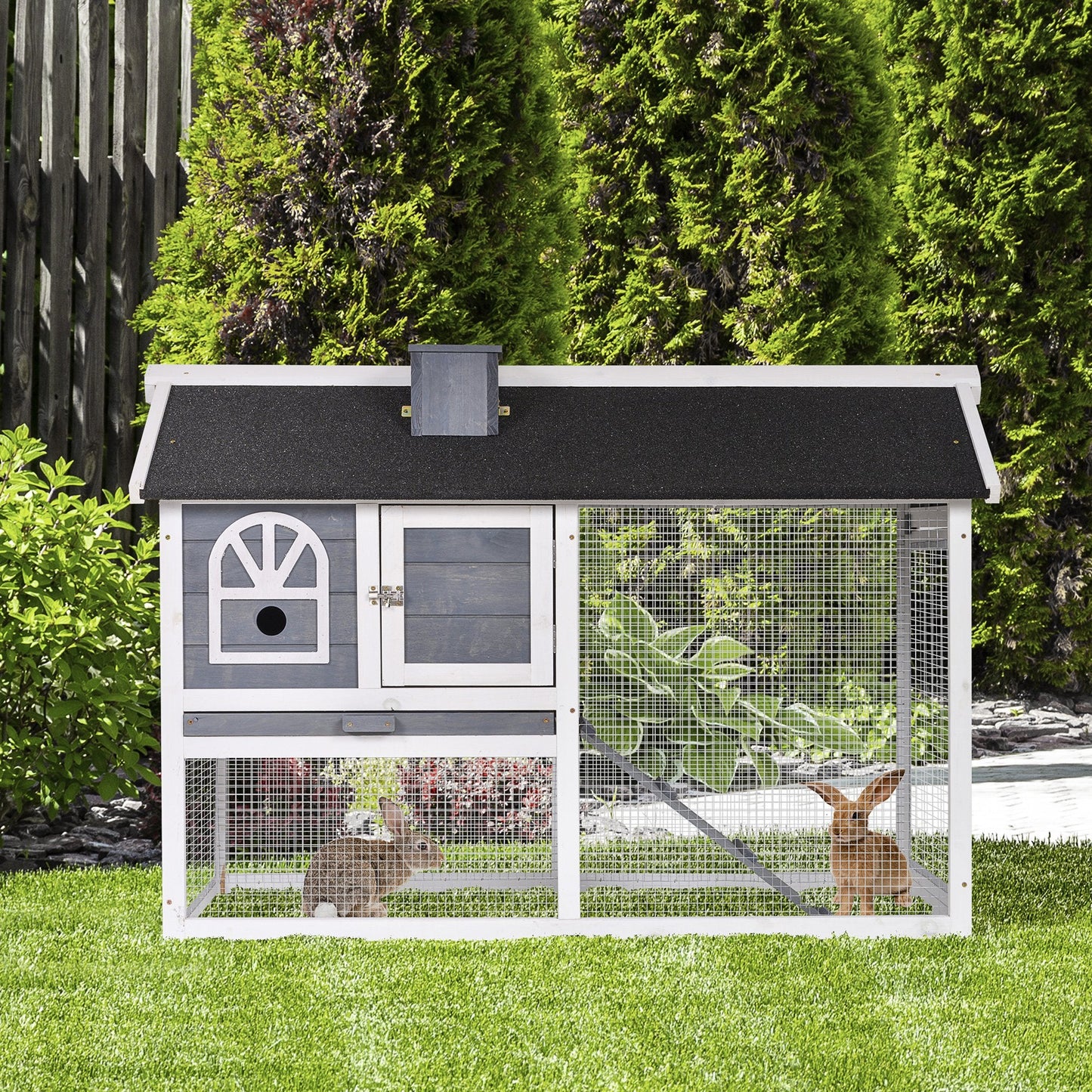 PawHut Guinea Pigs Hutches Wood Bunny Cage for Outdoor Indoor w/ Pull Out Tray Run Box Ramp