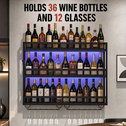 HOMCOM Wall-Mounted Wine Rack with LED Lights, Glass Holders, Open Shelf, Metal Storage Rack, Black