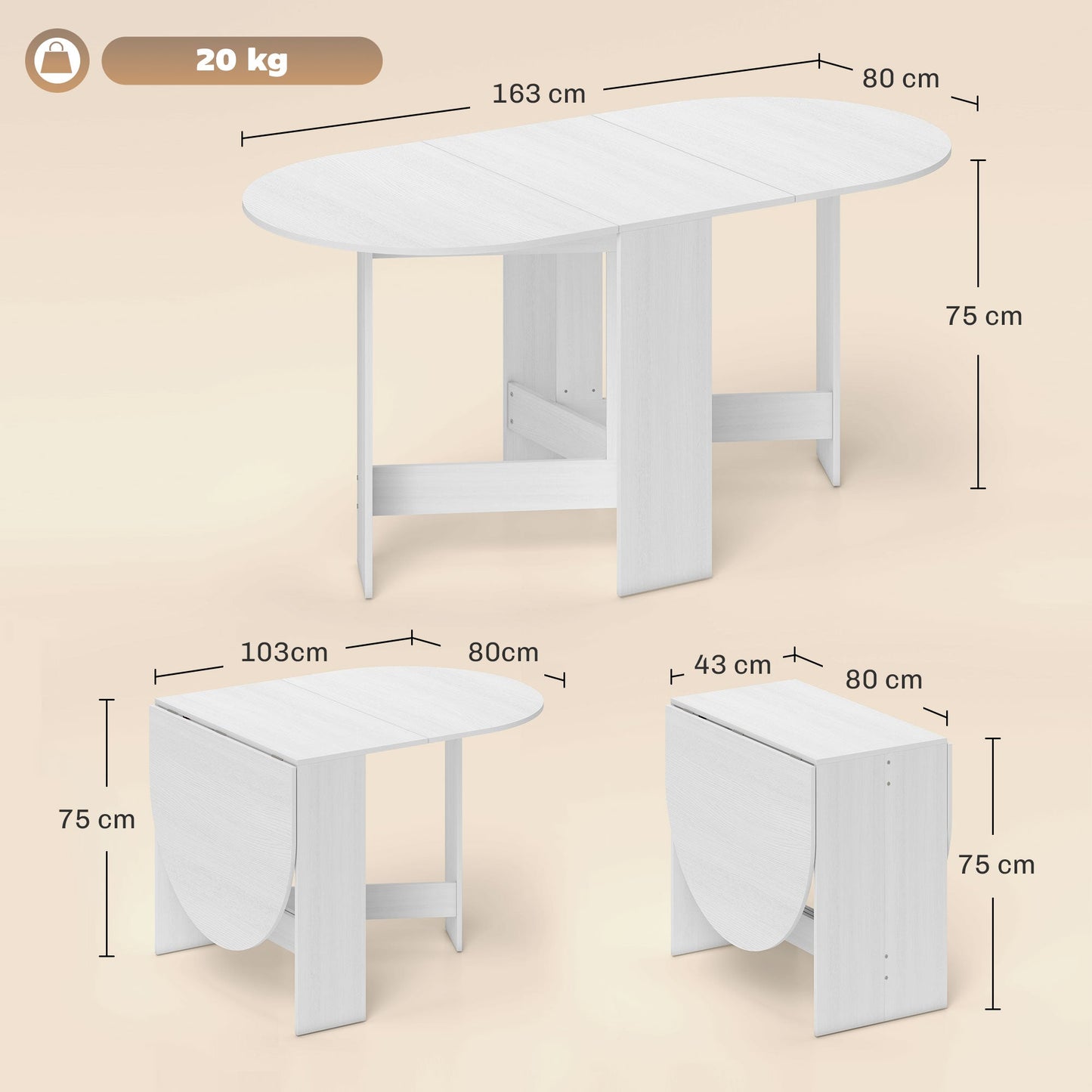 HOMCOM Folding Dining Table, Drop Leaf Table for Small Spaces, Oval Tabletop for Dining Room, Ash Wood-Effect