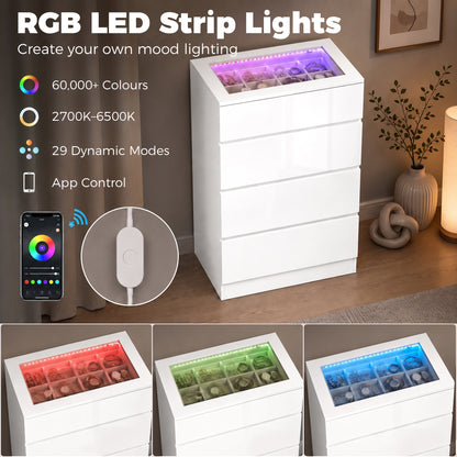 HOMCOM High Gloss 4 Drawer Chest of Drawers with Glass Top and RGB LED Lights, Dresser with Jewelry Organizer, APP Control