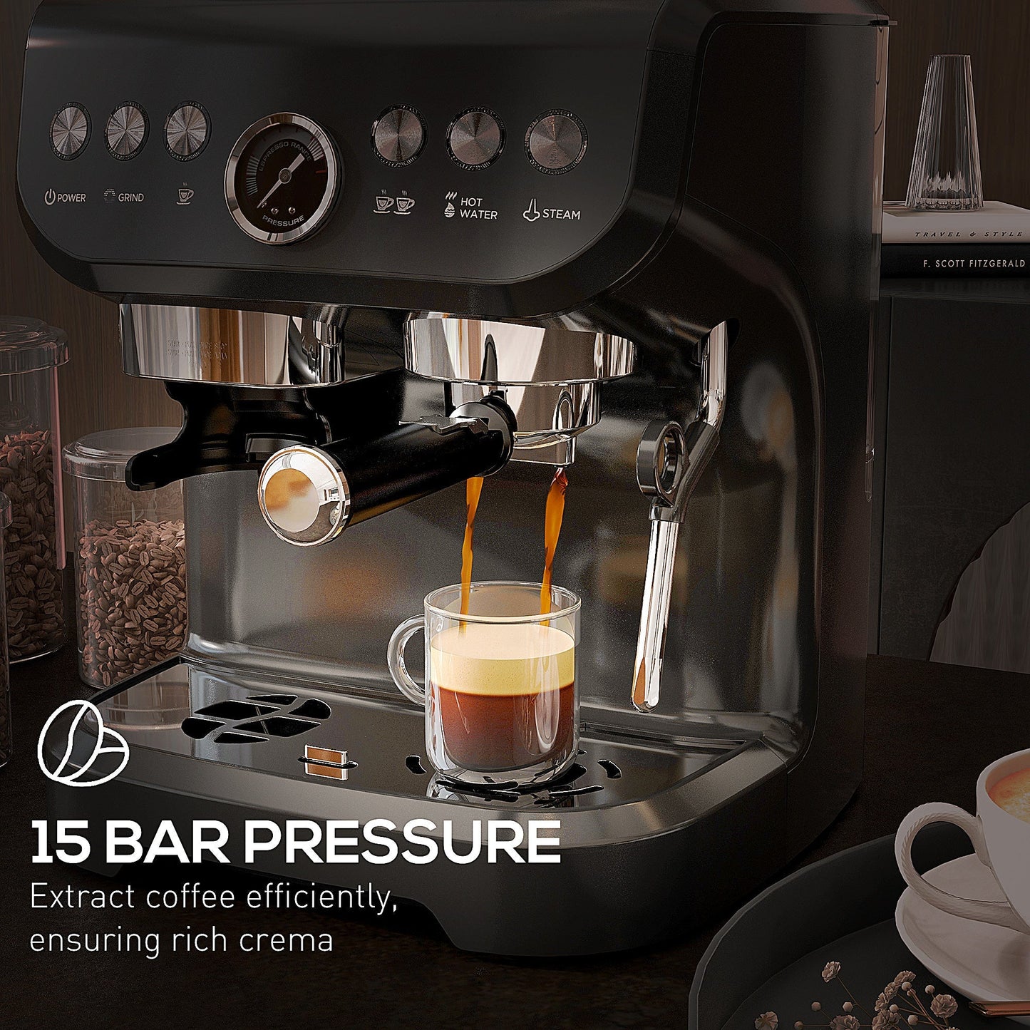 15 Bar Coffee Machine, with Adjustable Grind, Steamer and Accessories - HOMCOM