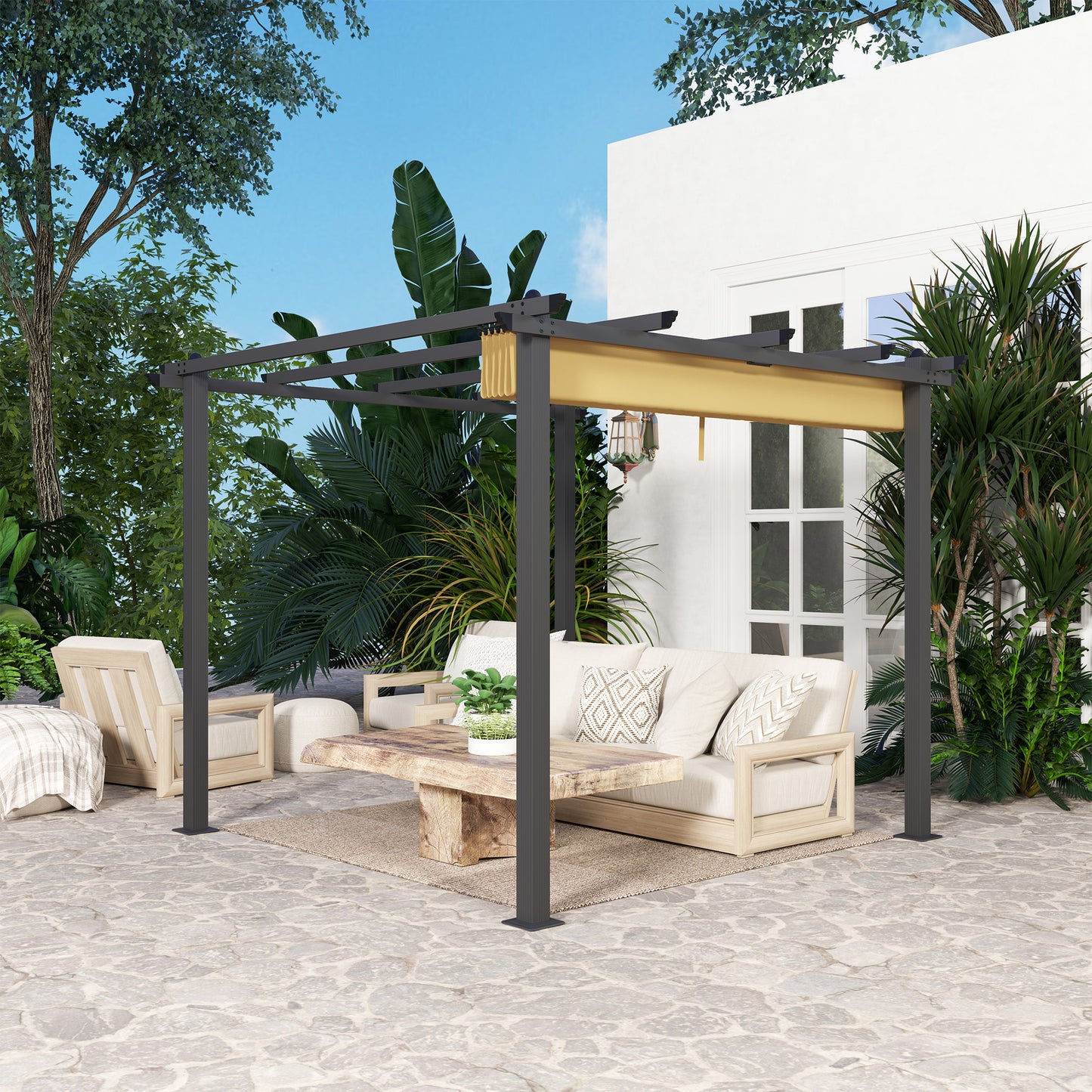Pergola aluminiowa Outsunny 3 x 3 m z rozsuwanym dachem w kolorze khaki