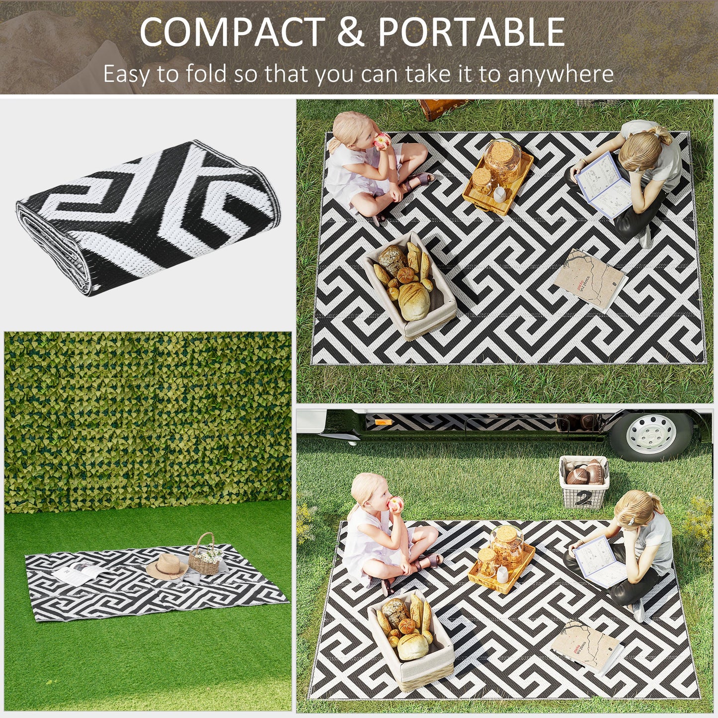 Outsunny 121 x 182 cm(4x6ft) Outdoor Rug Reversible Mat Plastic Straw Rug Portable RV Camping Mat for Garden Deck Picnic Indoor, Black & White