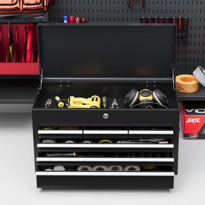 6 Drawer Tool Chest, Lockable Metal Tool Box with Top Case, Ball Bearing Runners, Portable Toolbox, 600mm x 260mm x 340mm, Black