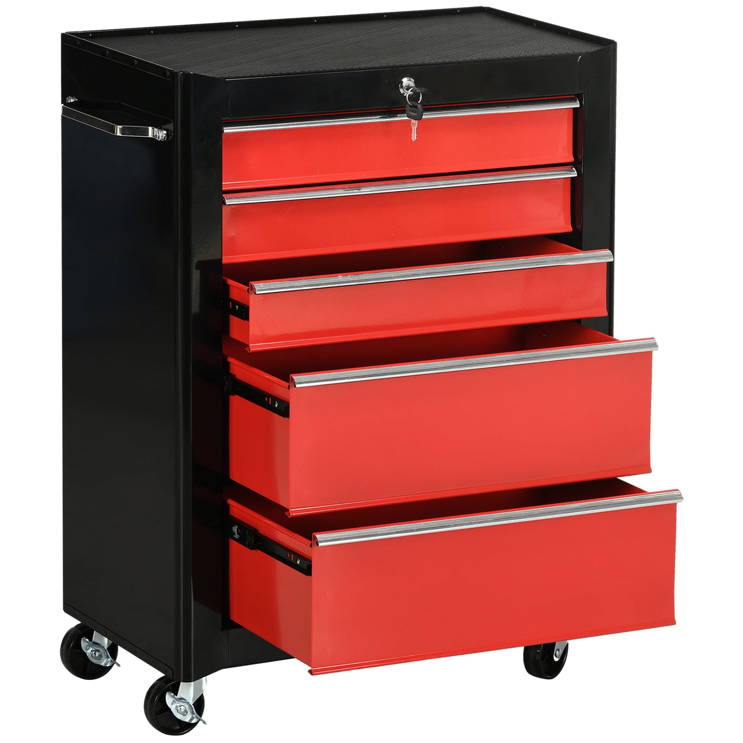 5-Drawer Tool Chest, Lockable Steel Tool Storage Cabinet with Wheels and Handle Tool Box for Garage, Workshop, Red