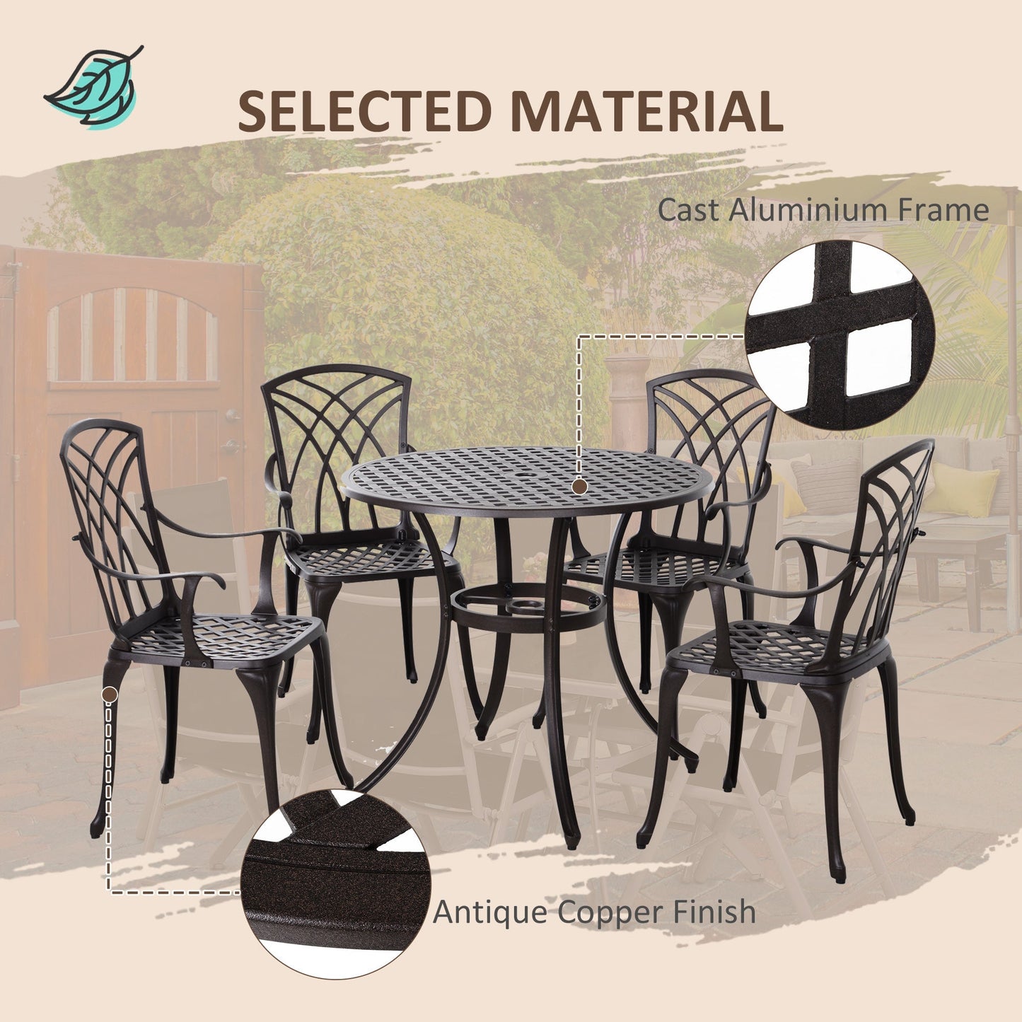 Outsunny Cast Aluminium 4-Seater Outdoor Garden Table & Chair Set Brown