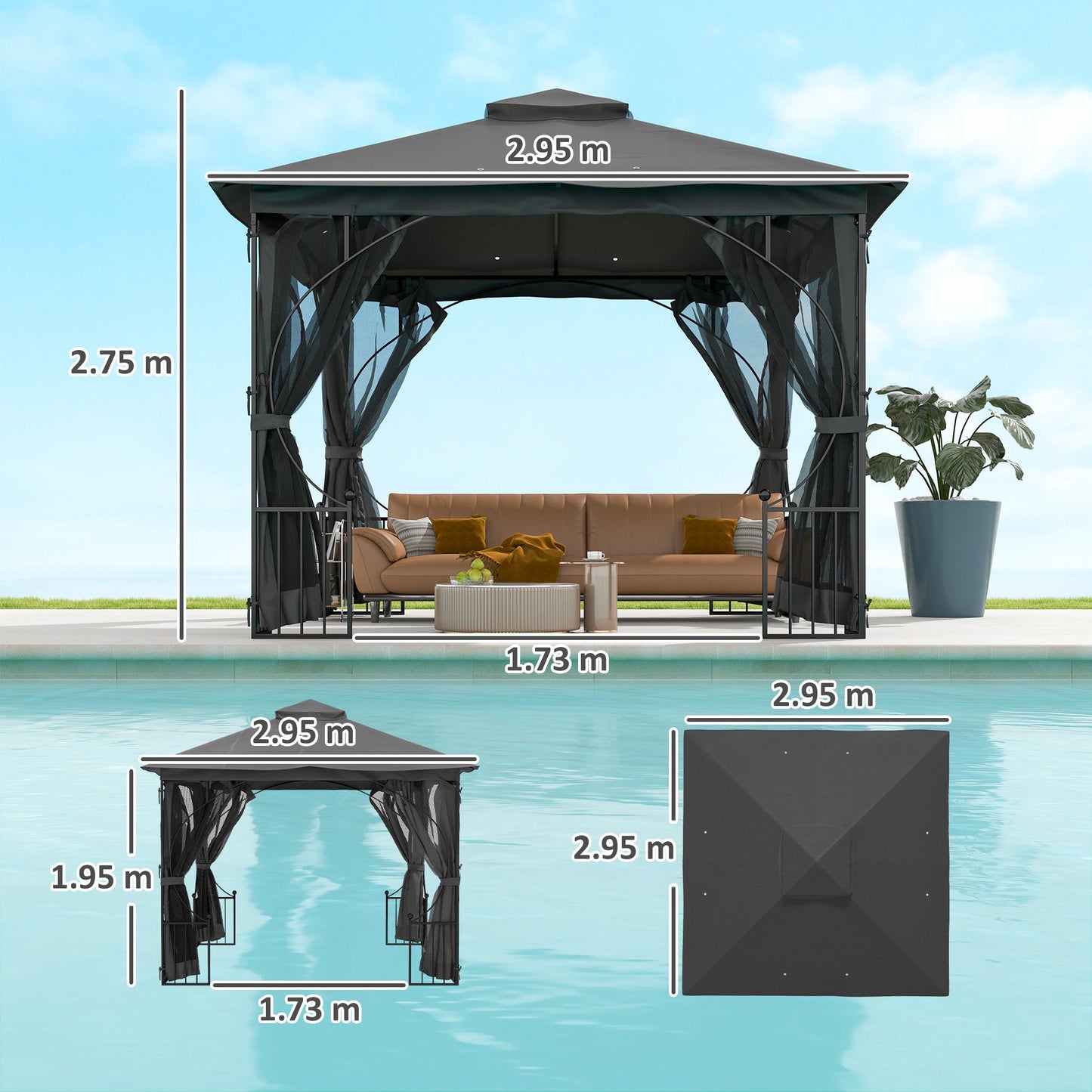 Outsunny 3 x 3(m) Altana ogrodowa, namiot imprezowy, zadaszenie zewnętrzne, dwupoziomowy, z metalową ramą i siatką, ciemnoszary