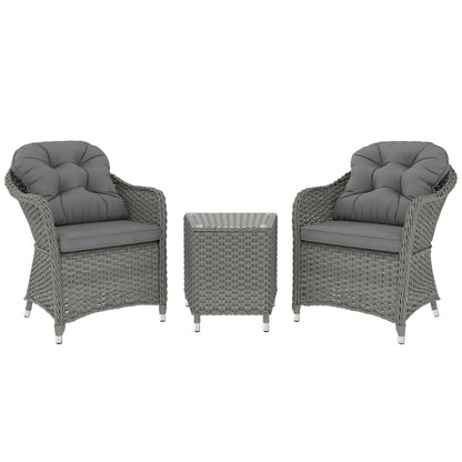 Outsunny 3 Pieces Rattan Bistro Set, Wicker Garden Bistro Set, Glass Top Balcony Table and Chairs with Cushions for Outdoor, Patio, Balcony, Light Grey
