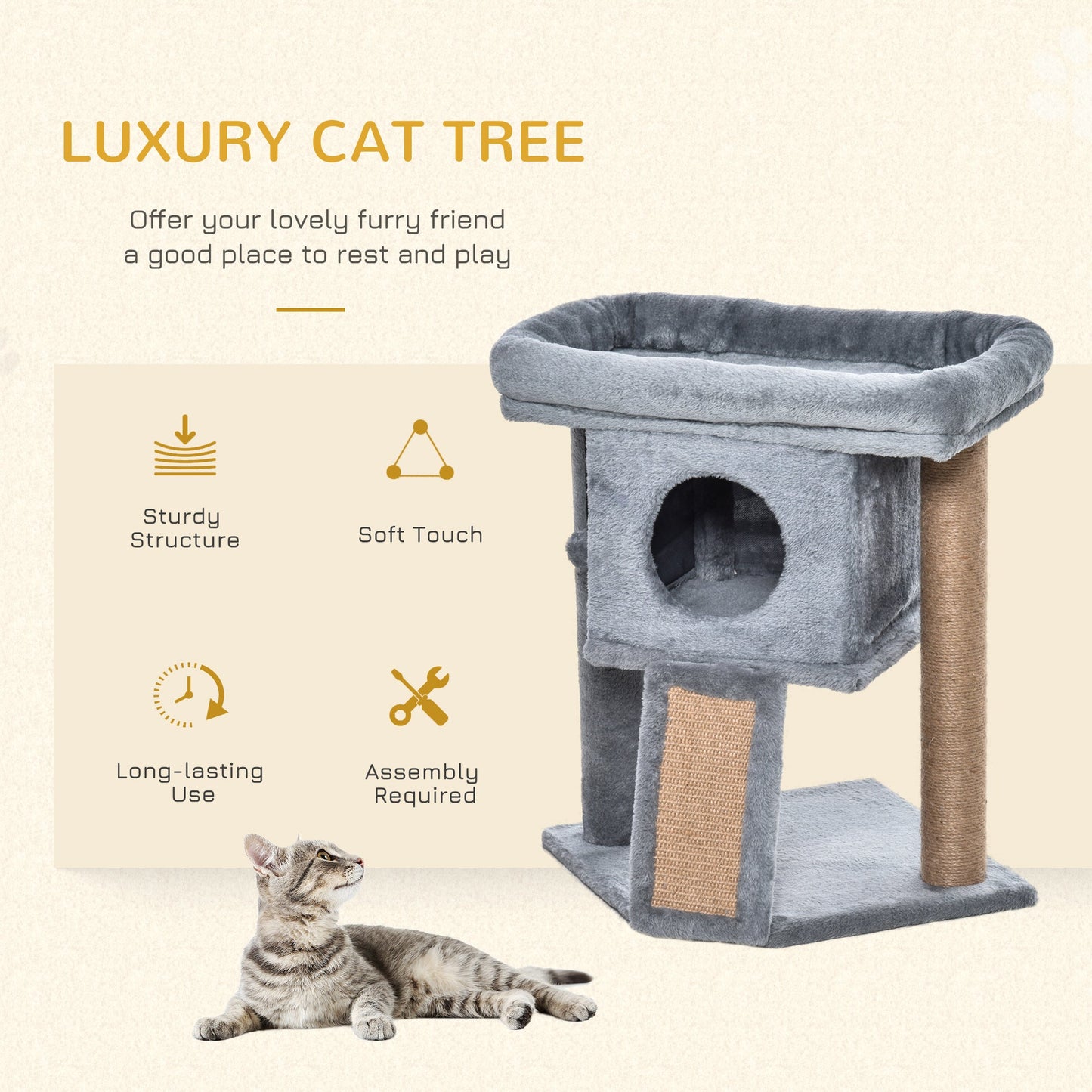 PawHut Cat Tree Tower for Indoor Cats Cat Scratching Post Climbing Activity Centre w/Jute Scratching Pad, Toy Ball, Cat House - Grey